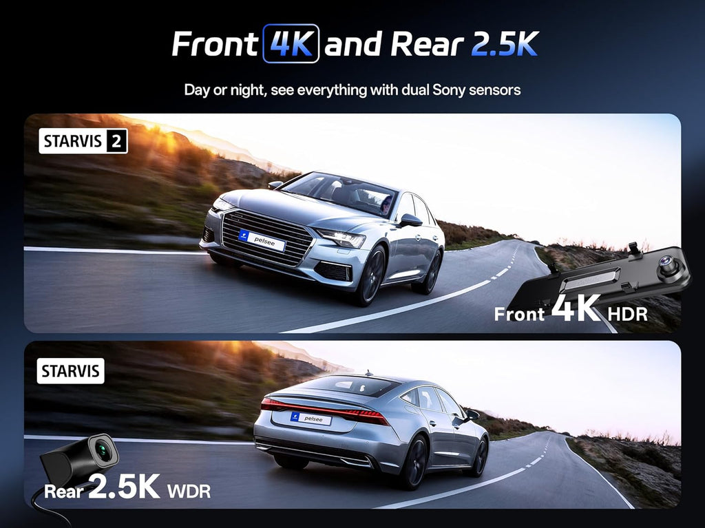 Pelsee 4K+2.5K Mirror Dash Cam with Front Starvis 2 IMX678 & Rear IMX335  12" Rear View Mirror Camera  Color Night Vision  5.8GHz WiFi  ADAS & BSD  Included OBD Hardwire Kit  128GB Card  P12 Pro Max