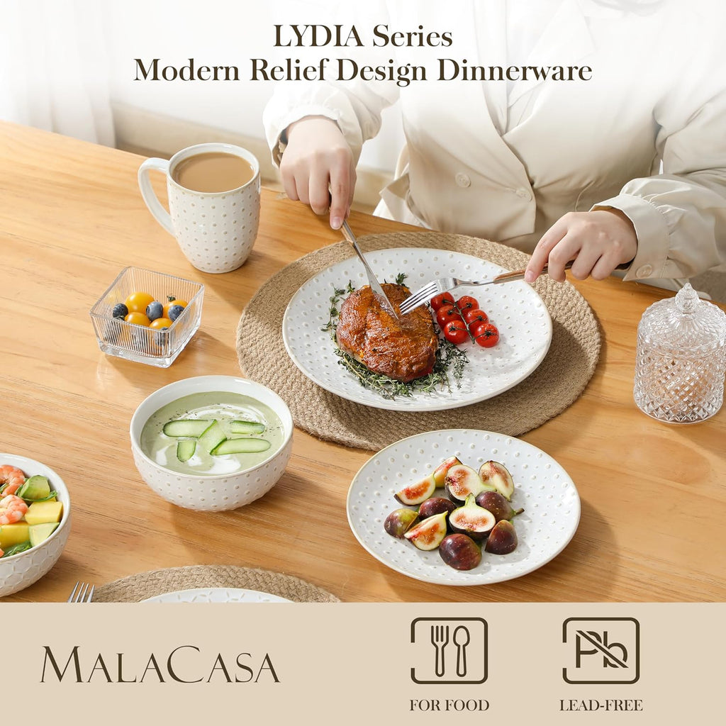 MALACASA 16 Pieces Dinnerware Sets, Modern Relief Design Plates and Bowls Sets, White Dish Set for 4, Kitchen Ceramic Dinner Plates Dishware Set, Microwave and Dishwasher Safe, Series LYDIA