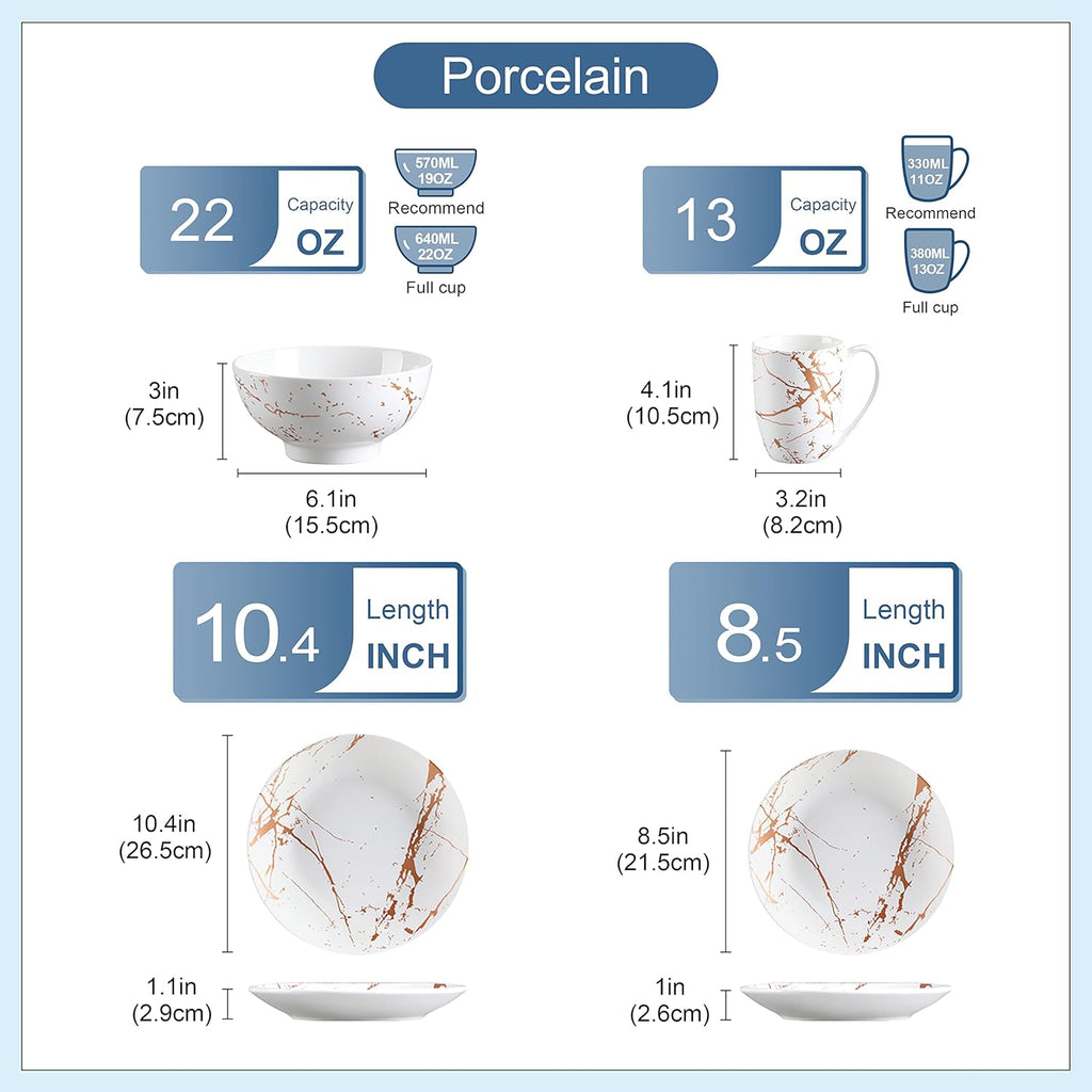 LOVECASA White Dinnerware Sets for 4, 16 Piece Porcelain Dish Set Plates and Bowls Sets, Gold Splash Glaze Ceramic Dinner Set with Mugs, Dishwasher Microwave Safe
