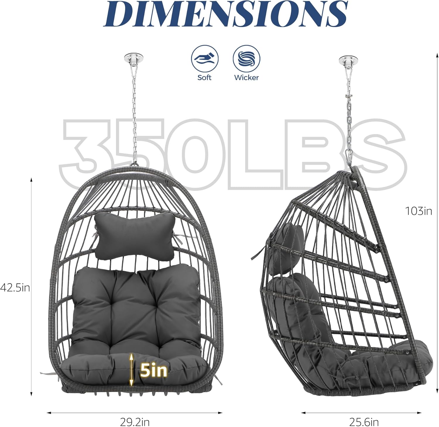 BULEXYARD Hanging Egg Chair Without Stand 350lbs Capacity, Grey Wicker Swing Egg Chair with Dark Grey Cushion for Indoor/Outdoor Patio Porch Balcony, Foldable Hammock & Tree/Ceiling/Beam Mount
