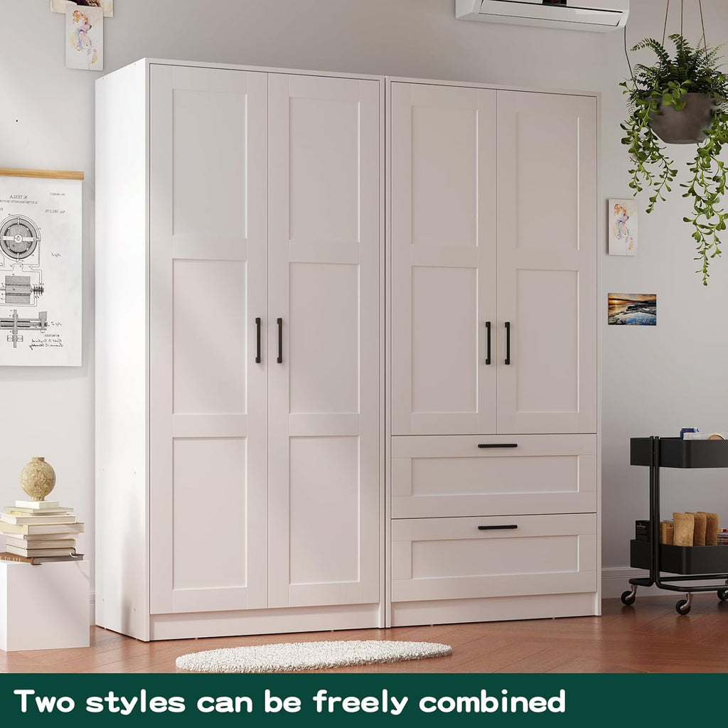 Wood White Wardrobe Closet with 2 Doors and 2 Drawers .Bedroom Freestanding Armoire Storage Cabinet with Shelves .Wooden Wardrobe Combination for Hanging Clothes (White 2 Drawers)