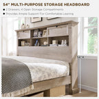 T4TREAM Farmhouse Queen Size Bed Frame with 54" Tall Storage Bookcase Headboard, Wood Platform Bed Frame with 18" Roman Column Decoration Footboard & 2 Drawers, No Box Spring Needed(Light Rustic Oak)