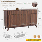 T4TREAM Fluted Buffet Sideboard Cabinet with Storages, 60" Large Modern Buffet Table Coffee Bar Wine Bar Storage Cabinet with 3 Drawers & 4 Doors for Dining Room, Living Room, Hallway(Dark Walnut)