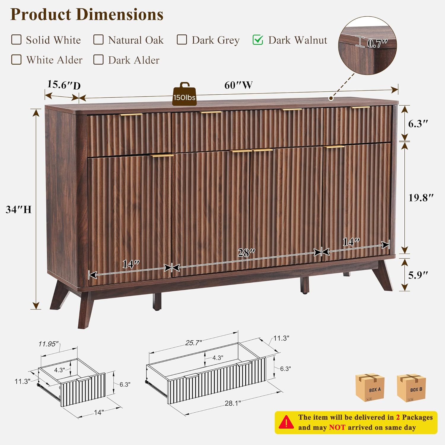 T4TREAM Fluted Buffet Sideboard Cabinet with Storages, 60" Large Modern Buffet Table Coffee Bar Wine Bar Storage Cabinet with 3 Drawers & 4 Doors for Dining Room, Living Room, Hallway(Dark Walnut)
