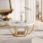 Tribesigns Modern Round Coffee Table, 2 Tier Coffee Table with Faux White Marble and Golden Metal Legs, Circle Center Table Tea Table Accent Furniture for Living Room, White and Gold