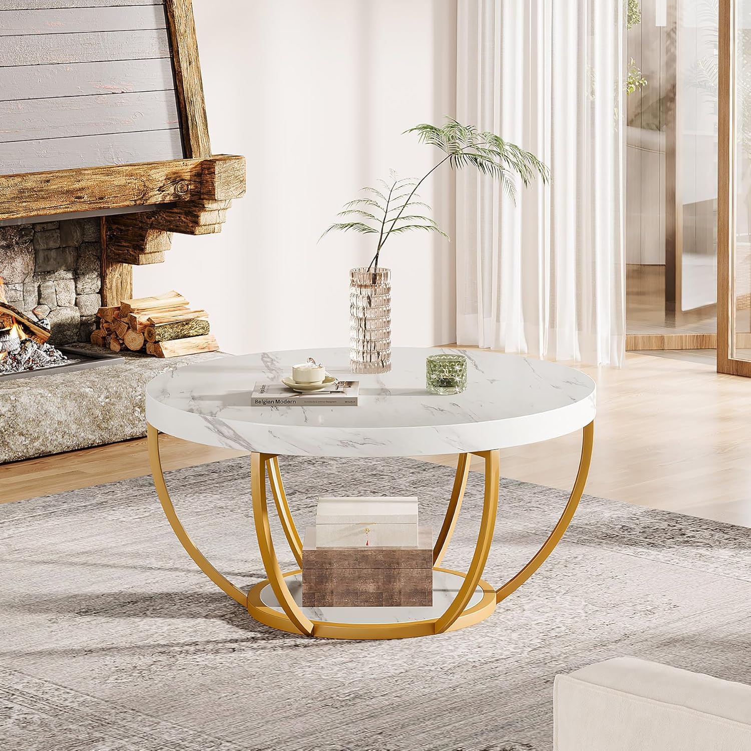 Tribesigns Modern Round Coffee Table, 2 Tier Coffee Table with Faux White Marble and Golden Metal Legs, Circle Center Table Tea Table Accent Furniture for Living Room, White and Gold