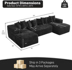 131" Oversized U Shaped Cloud Sectional Couches for Living Room, Comfy Fluffy Corduroy Black Boneless Sectionals Couch, Plush Memory Foam Modular Sectional Sofa with Double Chaise- 20" High Seat