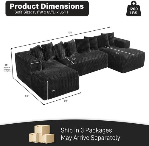 131" Oversized U Shaped Cloud Sectional Couches for Living Room, Comfy Fluffy Corduroy Black Boneless Sectionals Couch, Plush Memory Foam Modular Sectional Sofa with Double Chaise- 20" High Seat