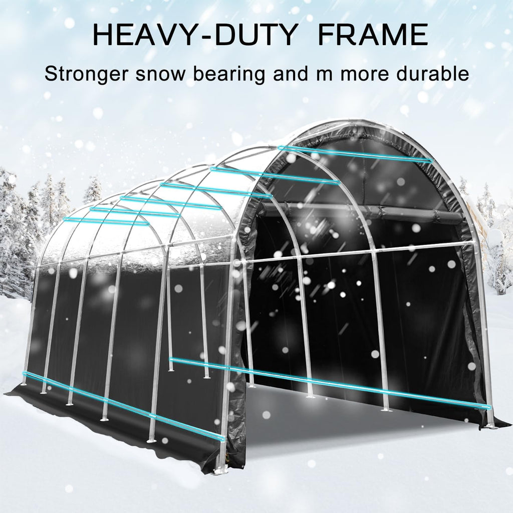 10x15 FT Heavy Duty Carport, Portable Garage with Reinforced All-Steel Frame and Round Style Roof, Anti-Snow All Covered Car Canopy Outdoor Waterproof Storage Shelter for Car,Truck,Boat