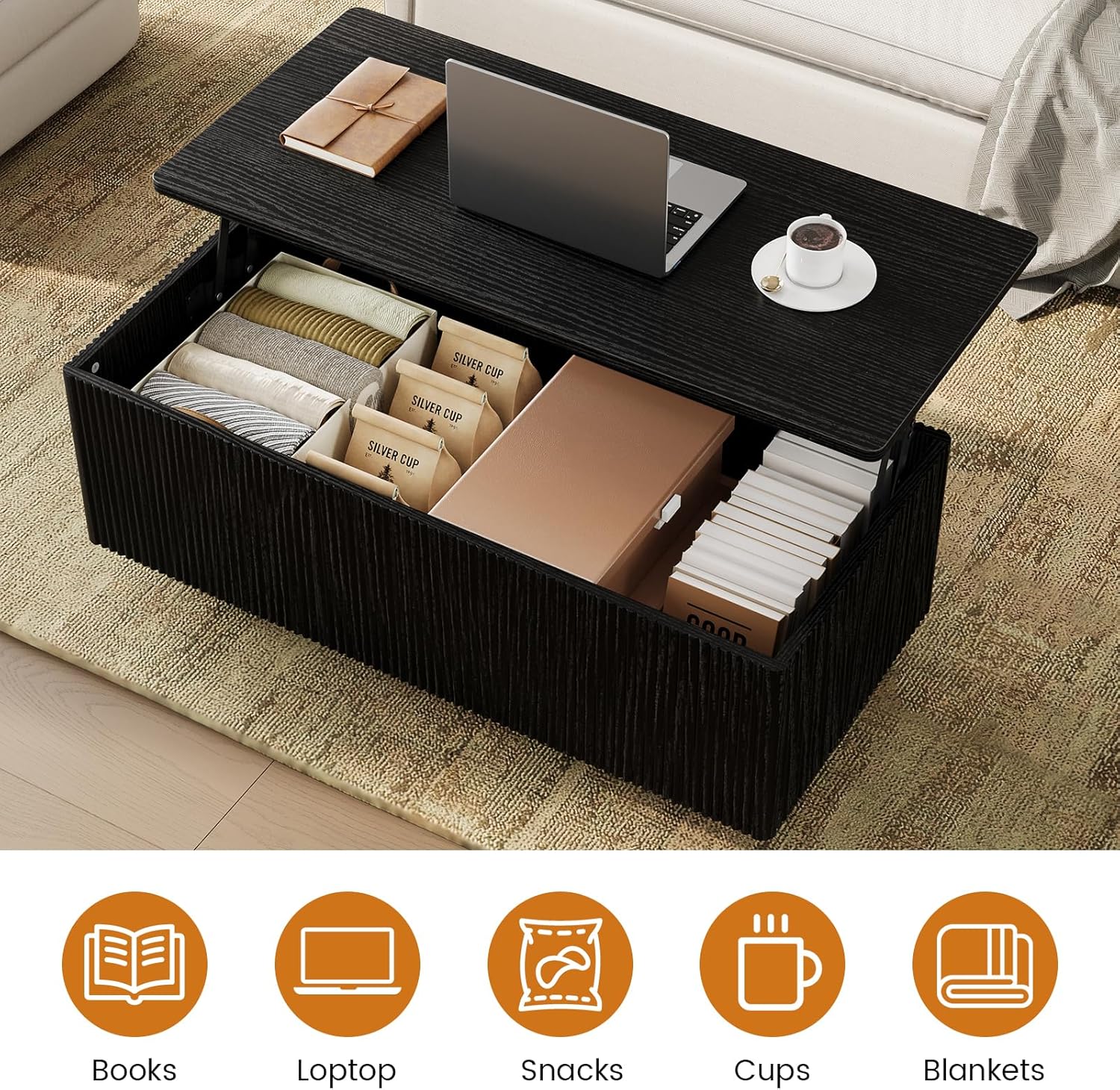 FABATO Mid Century Modern Coffee Table, Wooden Fluted Center Table with Large Hidden Compartment, 41.7” Rectangle with Round Corners, Lift Up Farmhouse Wood Table for Living Room, Home Office, Black