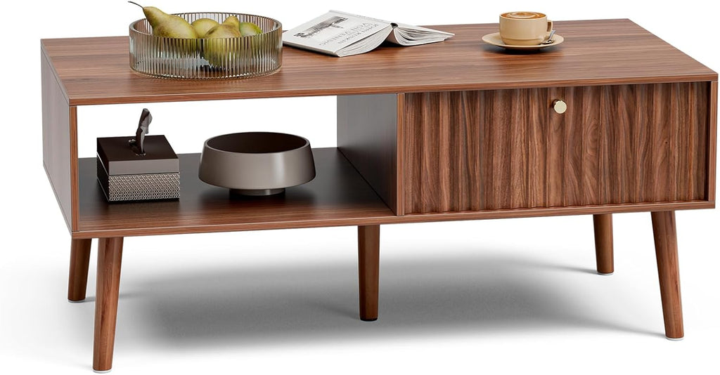 LCRBOL Coffee Table with Storage, Mid Century Dining Table with Fluted Drawer and Solid Wood Legs, Small Coffee Tables for Living Room, Walnut