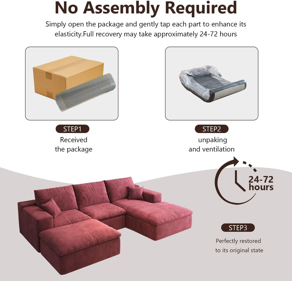 107'' U-Shaped Modern Modular Sectional Cloud Couch Whit Ottoman, 4-Seat Chenille Deep-Seat Sofa with Pillow for Living Room, Bedroom, Apartment, Wine Red