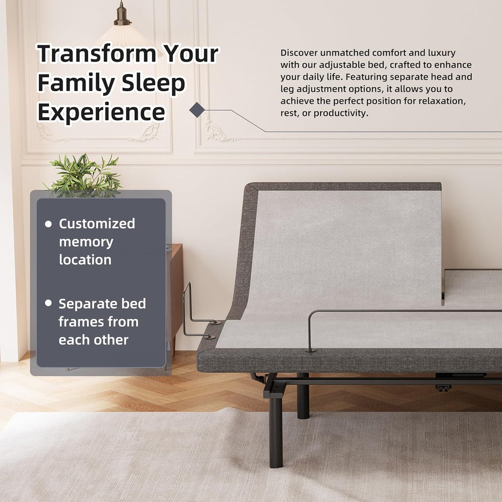 ESHINE Split Top King Adjustable Bed Frame with 14" Gel Memory Foam Mattress, Graphene Cover - Electric Upholstered Base, Massage Function, Wireless Remote, USB Ports, Under Bed Light, Grey