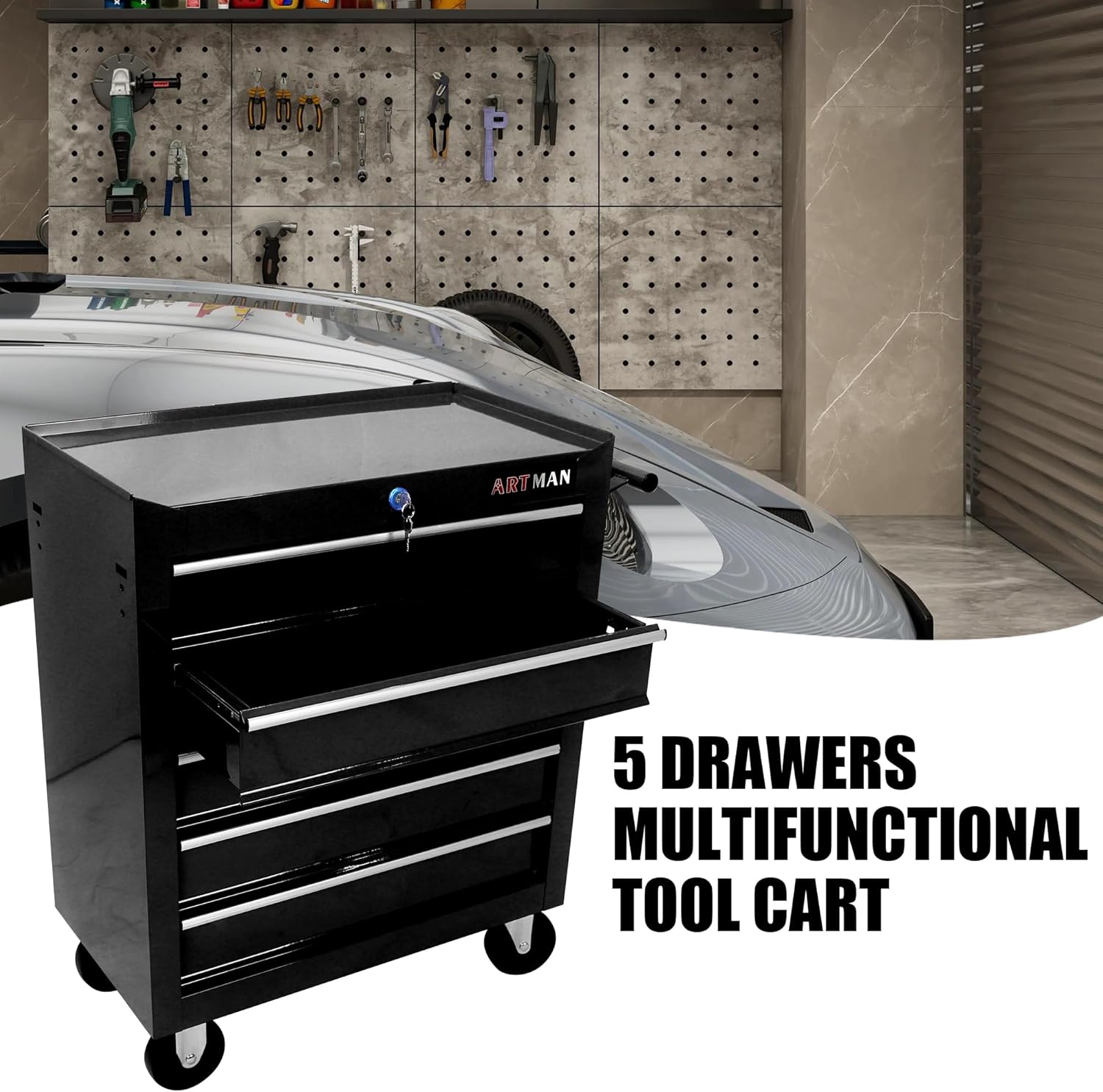 5-Drawer Rolling Tool Chest Cabinet, Large Capacity Metal Tool Box with Wheels and Keyed Locking, Roll Around Storage Organizer Tool Cart for Garage, Warehouse, Work Shop (Black07)