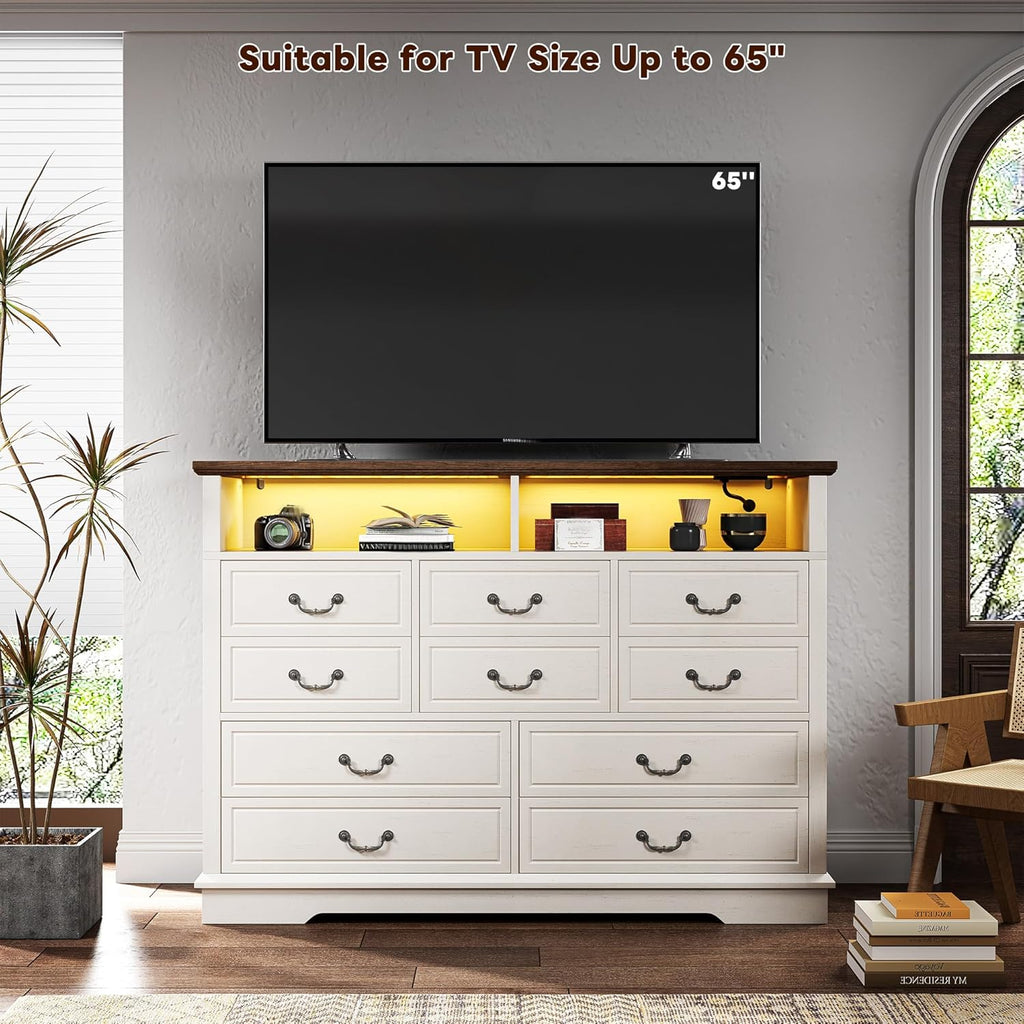EnHomee 10 Drawers Dresser for Bedroom 55.2''Wide Wood Dresser White with LED & Power Outlet Large Space Saver & Chests of Drawers for Hallway, 55.2" W x 39.4" H x15.8 D