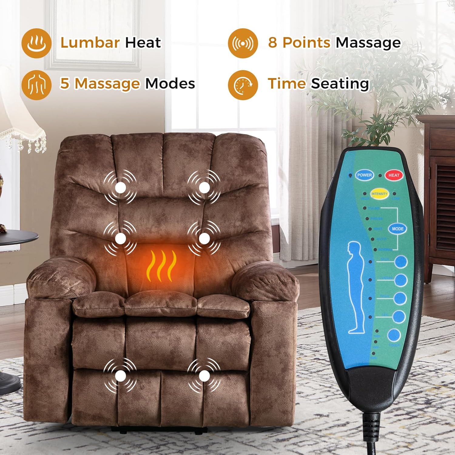 Large Power Lift Recliner with Massage and Heat for Elderly, Heavy Duty & Safety Motion Reclining Mechanism, Ergonomic Electric Wider Chair with USB Port, 2 Hidden Cup Holders (1, Brown)