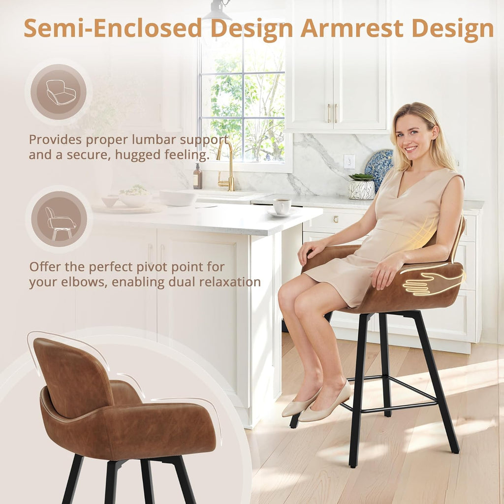 LUE BONA 26" Swivel Bar Stools Set of 6, Counter Height Bar Stools with Backrest and Arms, Modern Upholstered Barstools with Metal Legs for Kitchen Island, Brown