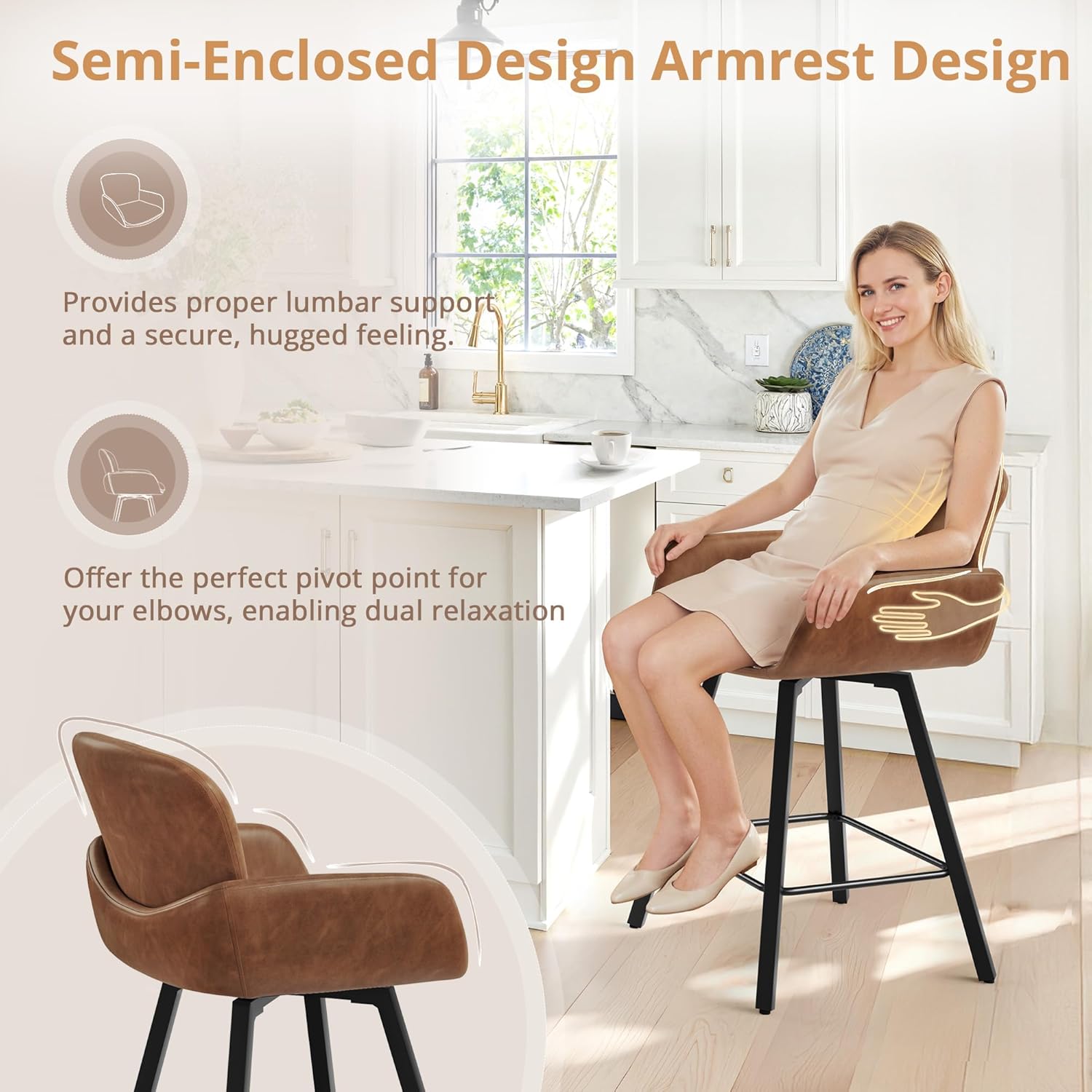 LUE BONA 26" Swivel Bar Stools Set of 6, Counter Height Bar Stools with Backrest and Arms, Modern Upholstered Barstools with Metal Legs for Kitchen Island, Brown