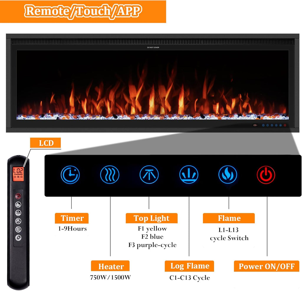 Benrocks 60'' WiFi- Enabled Electric Fireplace Inserts - Alexa & App Control, Slim Recessed & Wall Mounted, 13 * 13 * 3 Flame Color Combinations, 750W/1500W, Black