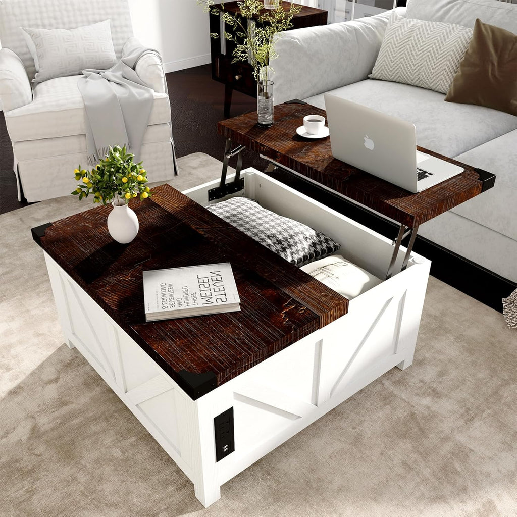 Farmhouse Lift Top Coffee Table with Storage, Wood Square Center Table with Charging Station&USB Port, Living Room Table w/Large Hidden Space, for Living Room, Bedroom, Home Office, White