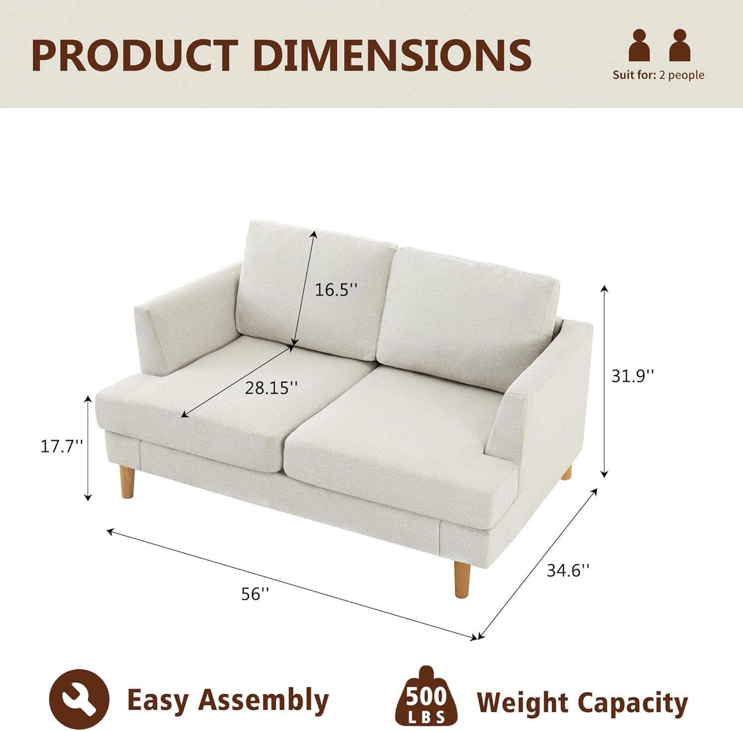 Loveseat Sofa 56", Couches for Spaces, Mid Century Love Seat Couches for Living Room, Upholstered 2-Seater Couch for Bedroom, Waiting Room, Beige