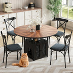 47" Round Dining Table Set for 4-6 People, Large Farmhouse Kitchen Dining Table Set with Chairs and Storage Rack, Metal Base Round Table for Home Dining Room Living Room (Cat table and 4 black chairs)