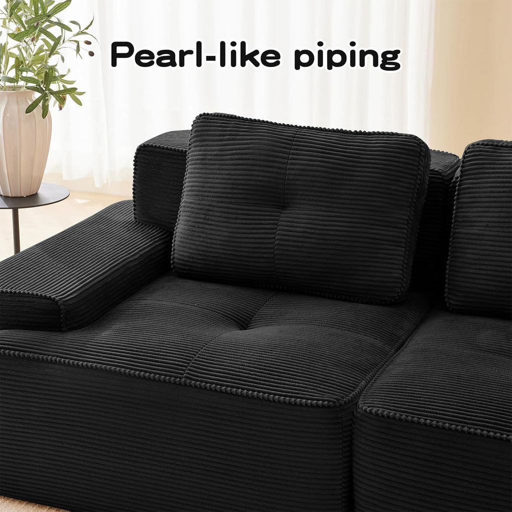 117" Modern Compressed Boneless Couch with Ottoman, 3 Seater Large U Shaped Sectional Couches for Living Room, Black Corduroy Cloud Modular Sectional Sofa, Memory Foam, Extra Deep, No Assembly