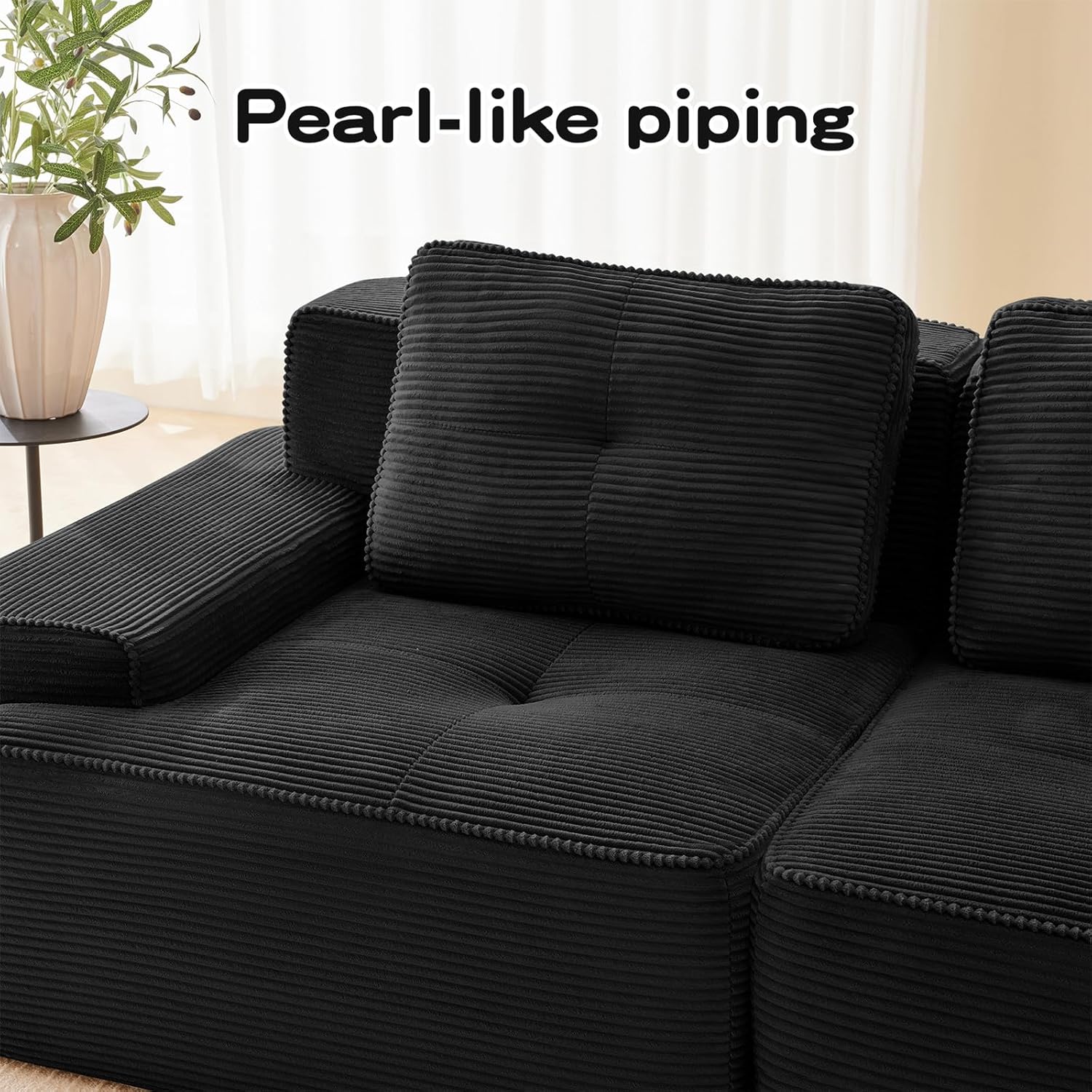 117" Modern Compressed Boneless Couch with Ottoman, 3 Seater Large U Shaped Sectional Couches for Living Room, Black Corduroy Cloud Modular Sectional Sofa, Memory Foam, Extra Deep, No Assembly