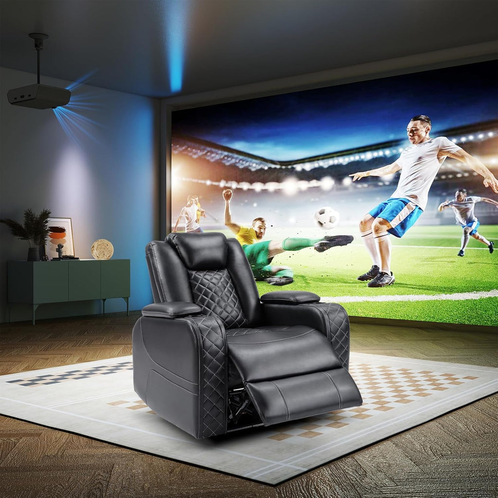 CANMOV Electric Power Recliner Chair with Adjustable Headrest,Breathable Faux Leather Home Theater Seating with Ambient Lighting,Cup Holders,Hidden Arm Storage,USB,Type-C Ports,Black