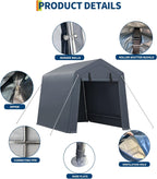 Garvee 6x8x7FT Outdoor Storage Shed Tent, Portable Carport Garage Shelter with Vent & Roll-Up Zipper Door, 240G Waterproof PE Tarp, UV-Resistant Canopy for Motorcycle Bike Tools Lawn Mower, Grey