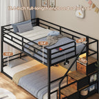 ADORNEVE Low Bunk Bed Twin Over Twin with Storage Staircase, Drawers & Shelves, RGB LED Lights Metal Floor Bunk with Power Outlet, Full-Length Guardrail & Metal Slats, for Small Space, Kids, Black