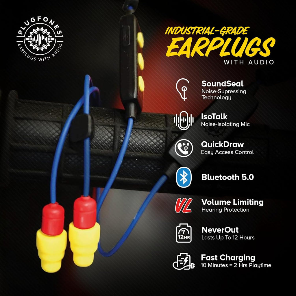 Plugfones FreeReign Volume Limited Wireless Bluetooth in-Ear Earplug Earbuds - Noise Reduction Headphones with Noise Isolating Mic and Controls, Blue & Yellow