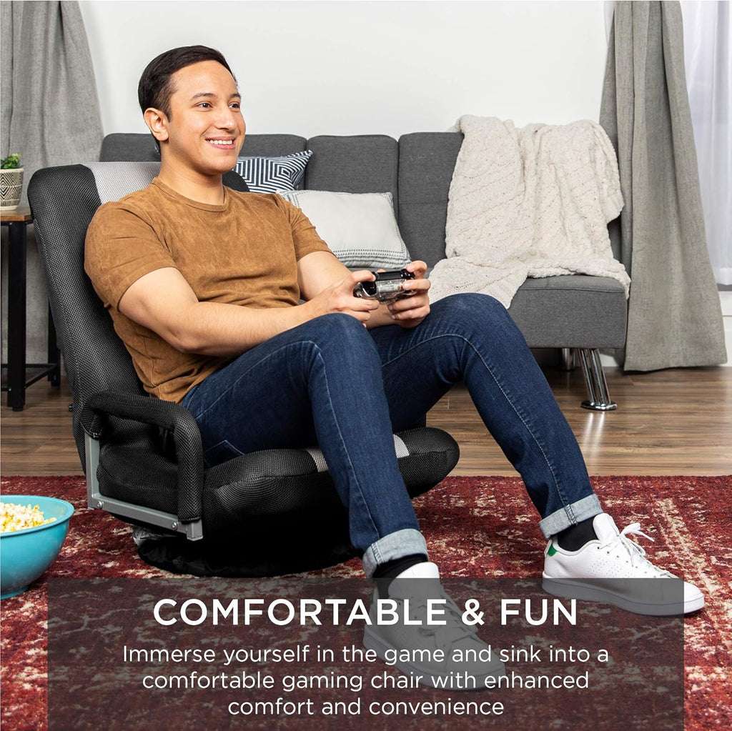 Best Choice Products Swivel Gaming Chair 360 Degree Multipurpose Floor Chair Rocker for TV, Reading, Playing Video Games w/Lumbar Support, Armrest Handles, Adjustable Foldable Backrest - Black/Gray