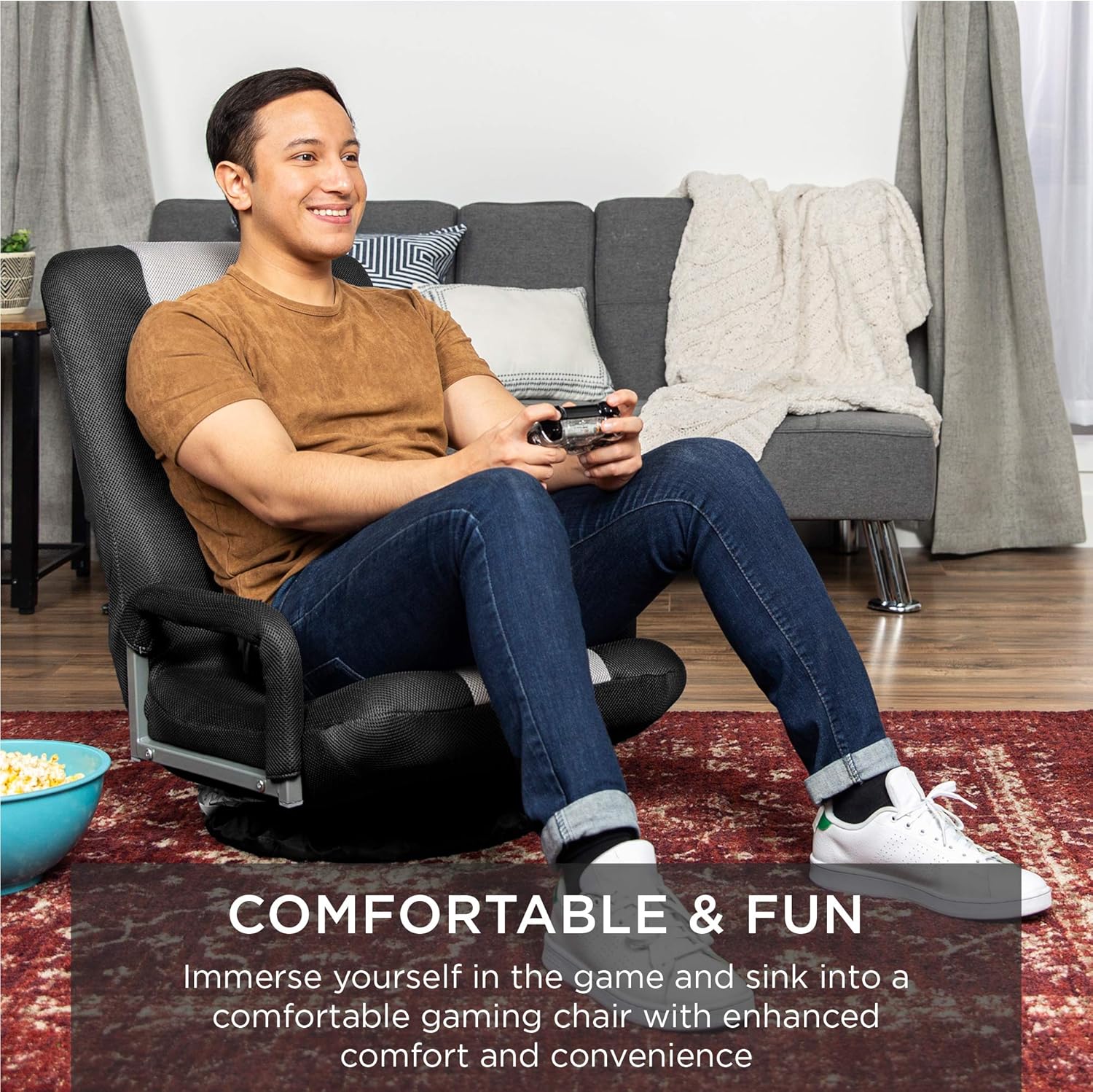 Best Choice Products Swivel Gaming Chair 360 Degree Multipurpose Floor Chair Rocker for TV, Reading, Playing Video Games w/Lumbar Support, Armrest Handles, Adjustable Foldable Backrest - Black/Gray