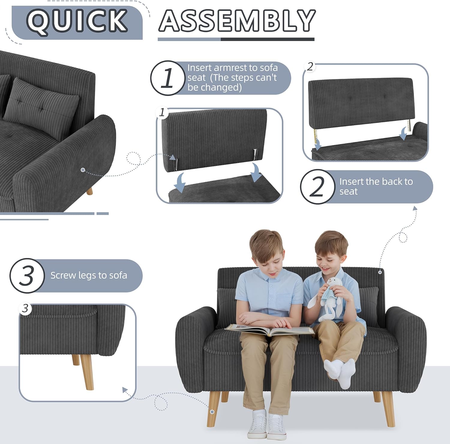 Shintenchi Small Modern Loveseat Couch Sofa, Mid Century Fabric Upholstered 2-Seat Sofa Couch Love Seats Furniture for Small Space, Dark Grey