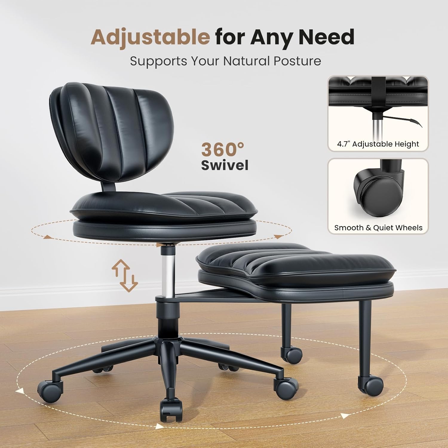 Cross Legged Office Chair, Ergonomic Cloud Criss Cross Desk Chair, Meditation Chair with Wheels, Height Adjustable Seat for ADHD, Wide Kneeling Chair with Back Support, Matte Black