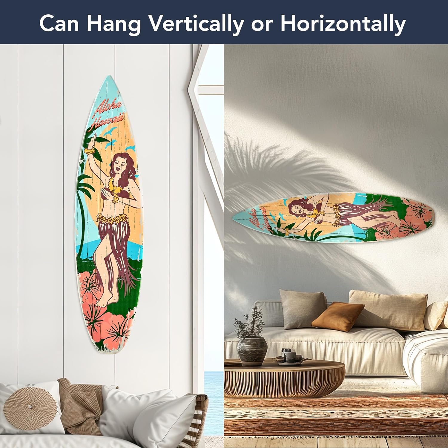 Beach Decor Surfboard Wall Art - Aloha Hawaii Plaque - Tropical Coastal Beach House Wall Decor for Living Room Bedroom Bathroom Patio Tiki Bar Hawaiian Island Ocean Wood Sign Large 60x15