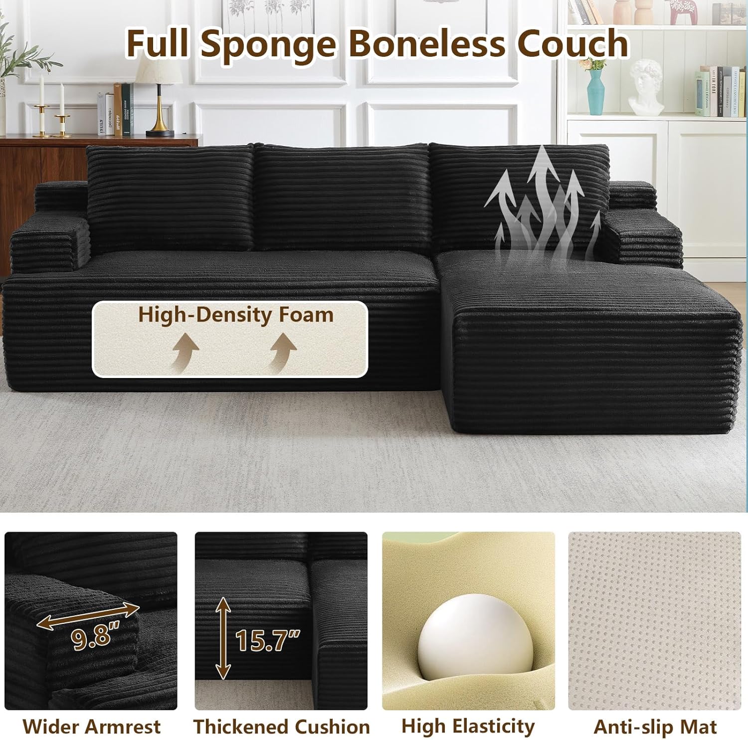 96" Cloud Sectional Sofa, Boneless Couch for Living Room, Modular Sectional Sofa with Deep Seat, Fluffy Comfy Corduroy Couch with L-Shaped Chaise, No Assembly Required (Black, Right Facing)