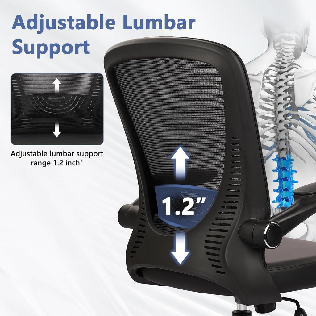 CLATINA Desk Chairs with PU Leather Seat, Flip Up Arms Ergonomic Mesh Back Office Chair with Lumbar Support, Adjustable Height Swivel Rolling Computer Chairs for Home Conference Meeting, Black, 4 Pack