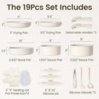 Chef Power Ceramic Nonstick Pots and Pans Set 19 Piece with Detachable Handle, Induction Dishwasher Oven Safe Cookware Set, RV Kitchen Set Removable Handle, Granite Grey and White