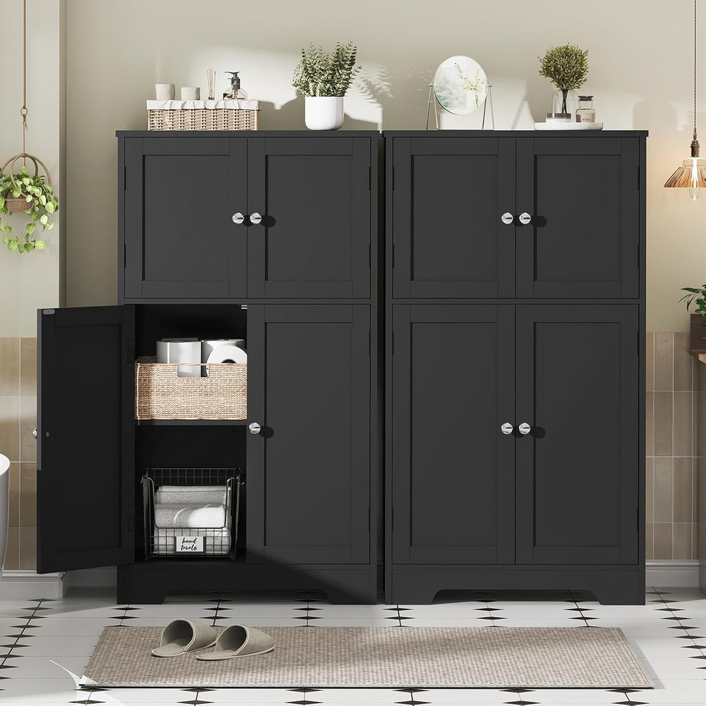 TEENFON Storage Cabinet, Rattan Cabinets with 2 Adjustable Shelves & 4 Doors, Bathroom Cabinet, Cupboard, Floor Cabinets for Living Room, Entryway, Kitchen, Home Office, Black