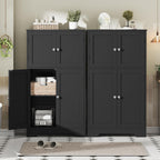 TEENFON Storage Cabinet, Rattan Cabinets with 2 Adjustable Shelves & 4 Doors, Bathroom Cabinet, Cupboard, Floor Cabinets for Living Room, Entryway, Kitchen, Home Office, Black