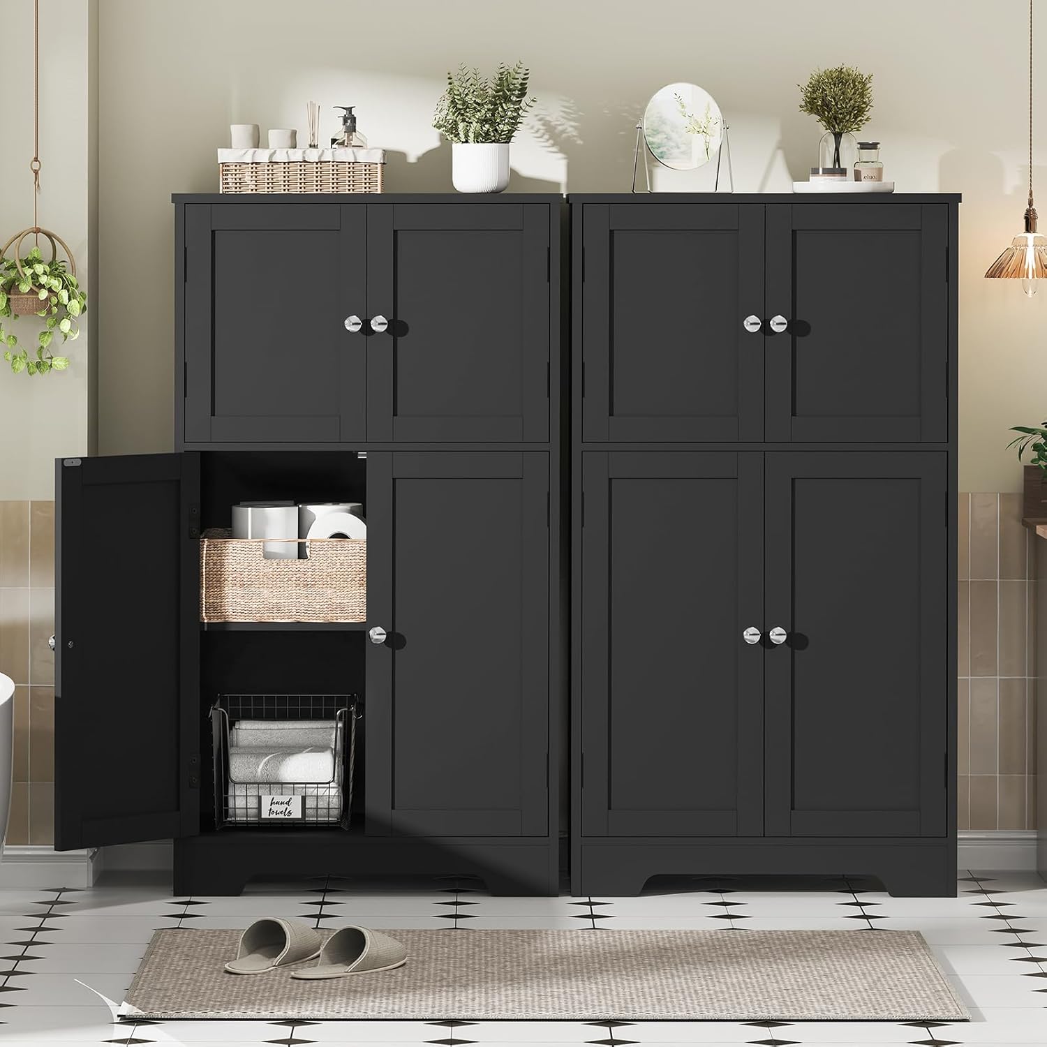 TEENFON Storage Cabinet, Rattan Cabinets with 2 Adjustable Shelves & 4 Doors, Bathroom Cabinet, Cupboard, Floor Cabinets for Living Room, Entryway, Kitchen, Home Office, Black