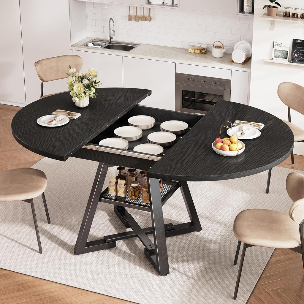 43‘’-57‘’ Extendable Round Dining Table for 4-6, Modern Industrial Kitchen Oval Dining Table with Removable Leaves, Space Saving Pedestal Base with Storage Shelf for Kitchen Living Room (Black)
