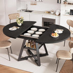 43‘’-57‘’ Extendable Round Dining Table for 4-6, Modern Industrial Kitchen Oval Dining Table with Removable Leaves, Space Saving Pedestal Base with Storage Shelf for Kitchen Living Room (Black)