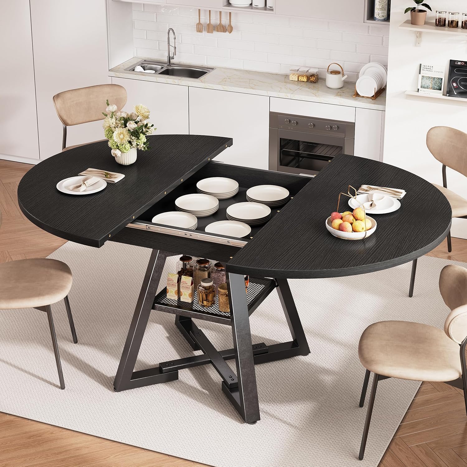 43‘’-57‘’ Extendable Round Dining Table for 4-6, Modern Industrial Kitchen Oval Dining Table with Removable Leaves, Space Saving Pedestal Base with Storage Shelf for Kitchen Living Room (Black)