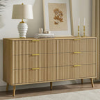 LYNSOM 55" Wide Fluted Dresser for Bedroom with 6 Drawer, Modern Chest of Drawers with Curved Profile Design and Metal Handles, Wood Dresser TV Stand & Storage Organizer for Living Room, Oak