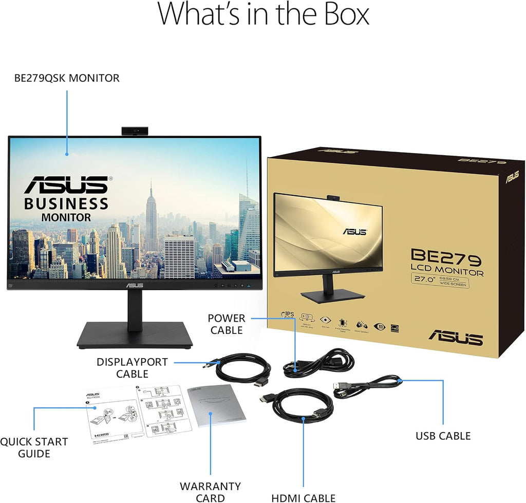ASUS 27” 1080P Video Conference Monitor (BE279QSK) - Full HD  IPS  Built-in Adjustable 2MP Webcam  Mic Array  Speakers  Eye Care  Wall Mountable  Frameless  HDMI  DisplayPort  VGA  Height Adjustable