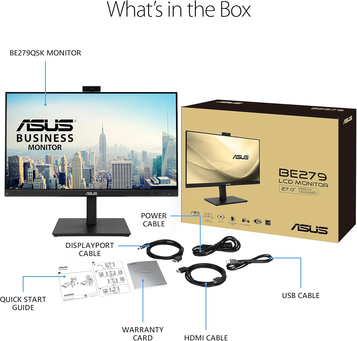 ASUS 27” 1080P Video Conference Monitor (BE279QSK) - Full HD  IPS  Built-in Adjustable 2MP Webcam  Mic Array  Speakers  Eye Care  Wall Mountable  Frameless  HDMI  DisplayPort  VGA  Height Adjustable