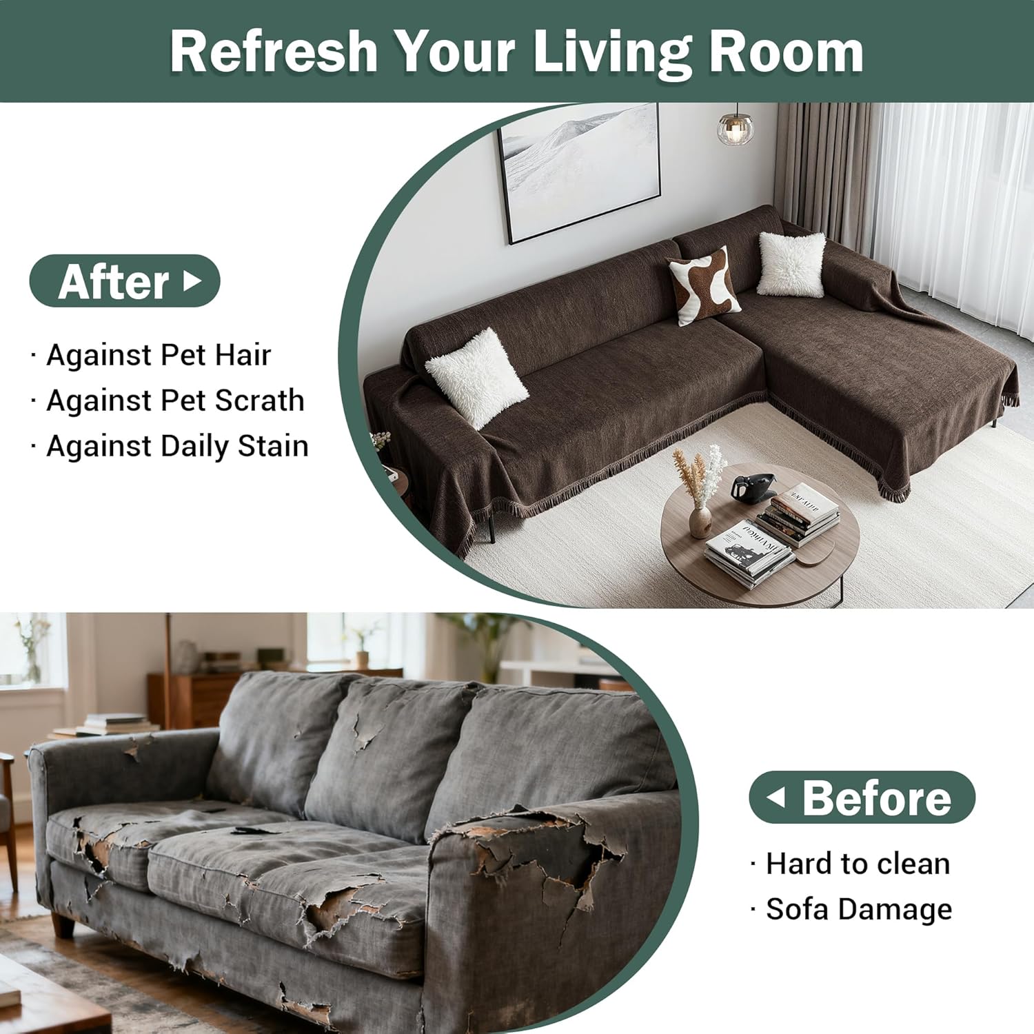MEETSKY Sectional Dogs Couch Covers, 2 Pieces Sofa Cover for L Shape, Washable Couch Cover for 3-4 Cushion Couch Sofa Pet Friendly, Furniture Protector (XX-Large, 71"x118"+91"x134", Dark Chocolate)